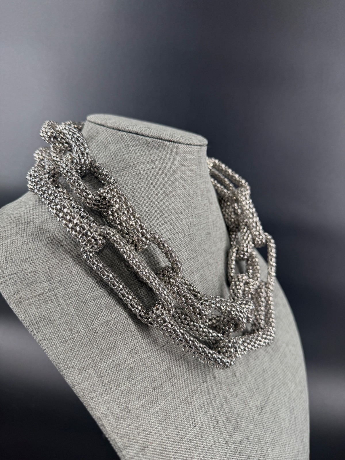 Silver Tone Mesh Chain Link Necklace Chunky Bold Statement 44″ 2010s