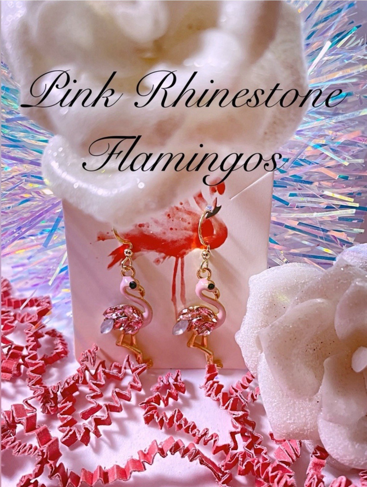 Gold Crystal flamingo dangle and drop earrings pretty summer tropical pink