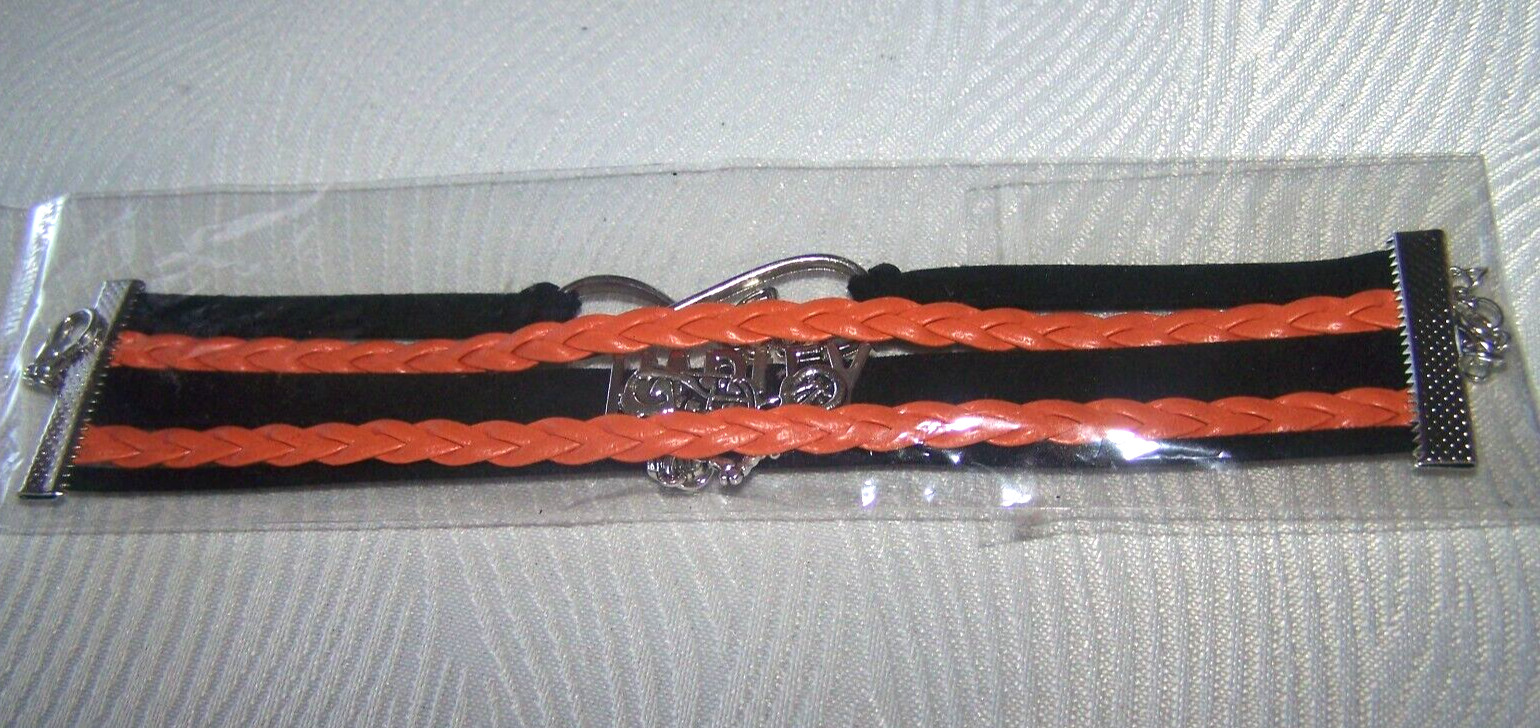Harley Davidson Orange & Black Leather Metal Bracelet Motorcycle & Love Charms