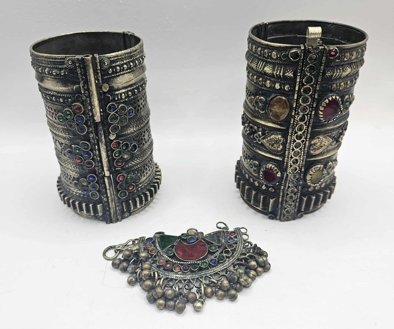 2 Afghan metal cuff bracelets and a pendant, FLAWED needs repairs, see pics READ
