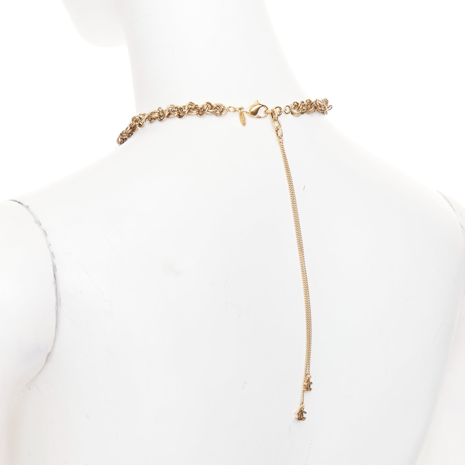 CHANEL 11A aged gold braided multi link black crystal CC short necklace
