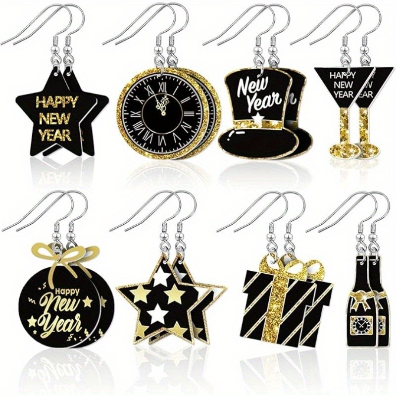 8Pairs New Year Dangle Earrings Set Festive New Year’s Eve Party Holiday Gifts