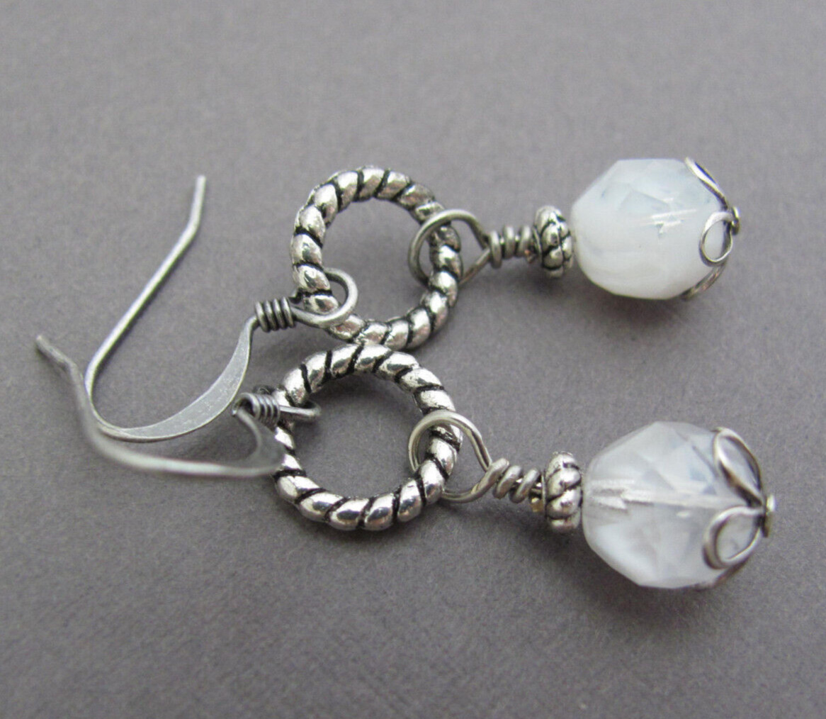 Antiqued Silver White Givre Glass Bead Earrings Romancecore Cosplay Ren Faire