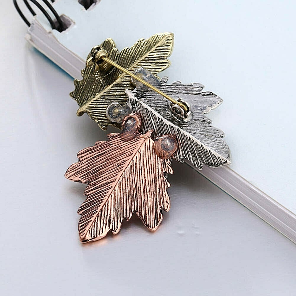 FALL LEAVES 2″ H x 1-5/8″ W (5cm) Metal Brooch Pin (#53)