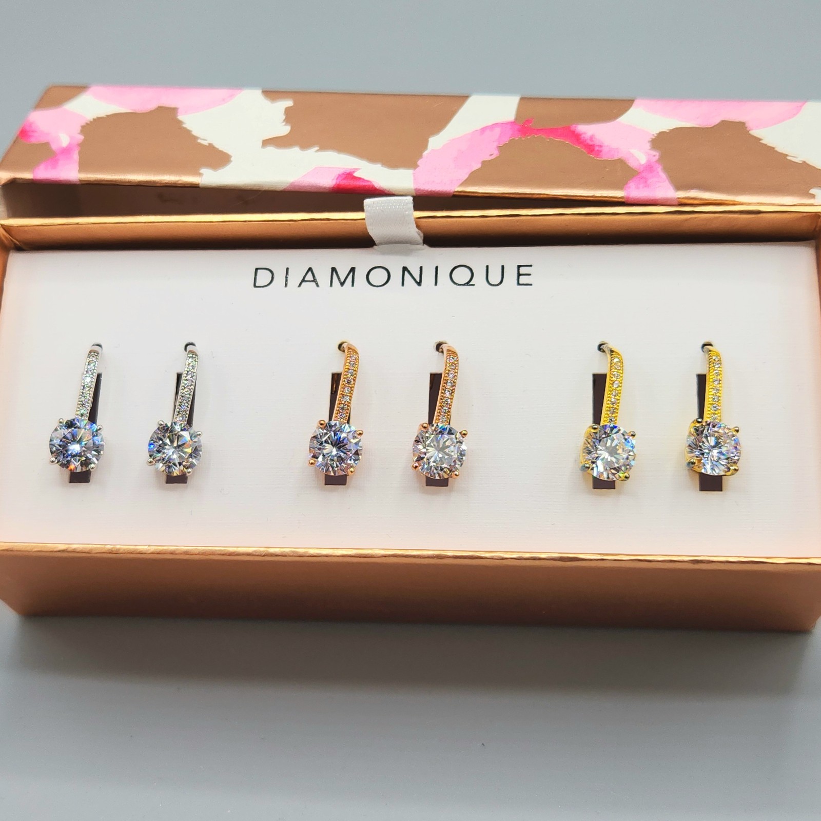 NIB 3 Pair Diamonque CZ Tri Color Gold Clad Sterling Silver Leverback Earrings