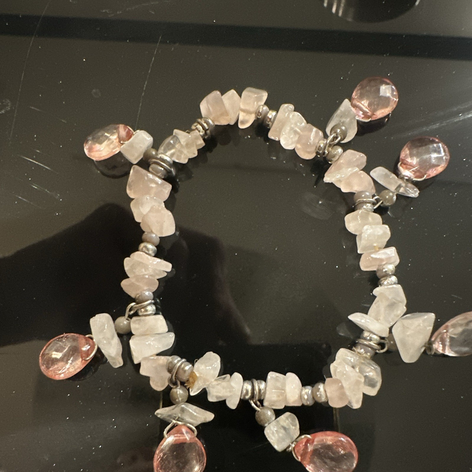 Pink Quartz Chip Beaded Bracelet Silver-Tone Dangle Crystals Charms Stretch Y2K