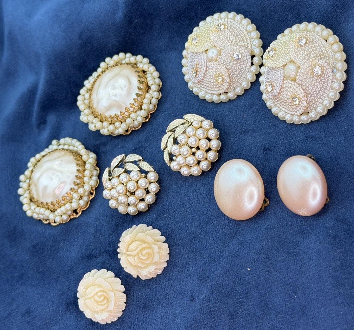 Vintage All Pearl Earrings Jewelry Lot Clip On 5 Pairs Lisner Japan Rose Leaves