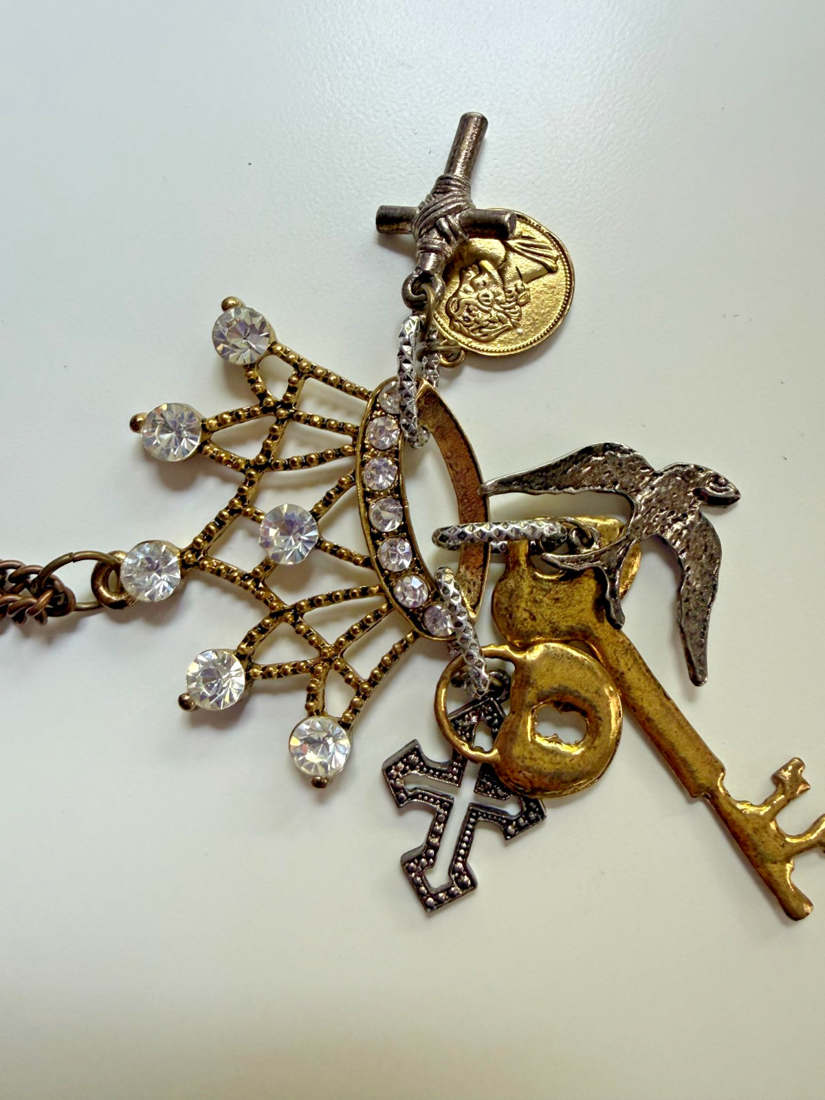 Medieval Renaissance Crown Lock Key Cross Bird Coin Bling Cosplay Punk Necklace