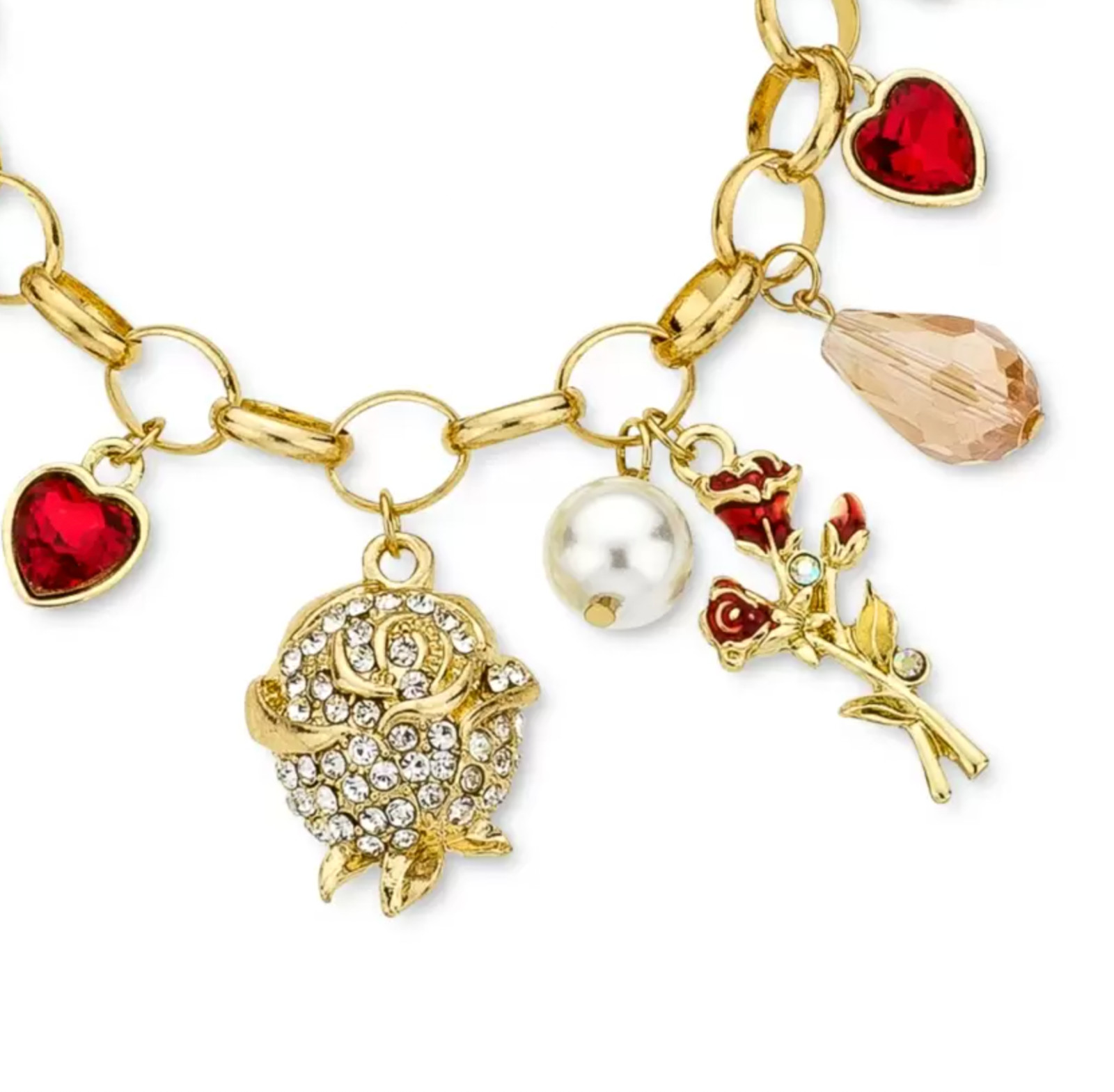 NEW HOLIDAY LANE GOLD-TONE PAVE CRYSTAL MULTI-STONE MULTI CHARM FLOWER BRACELET
