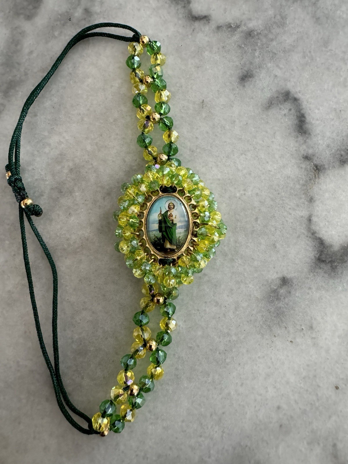 San Judas Tadeo Green Beaded Handmade Adjustable Bracelet Made In Mexico New