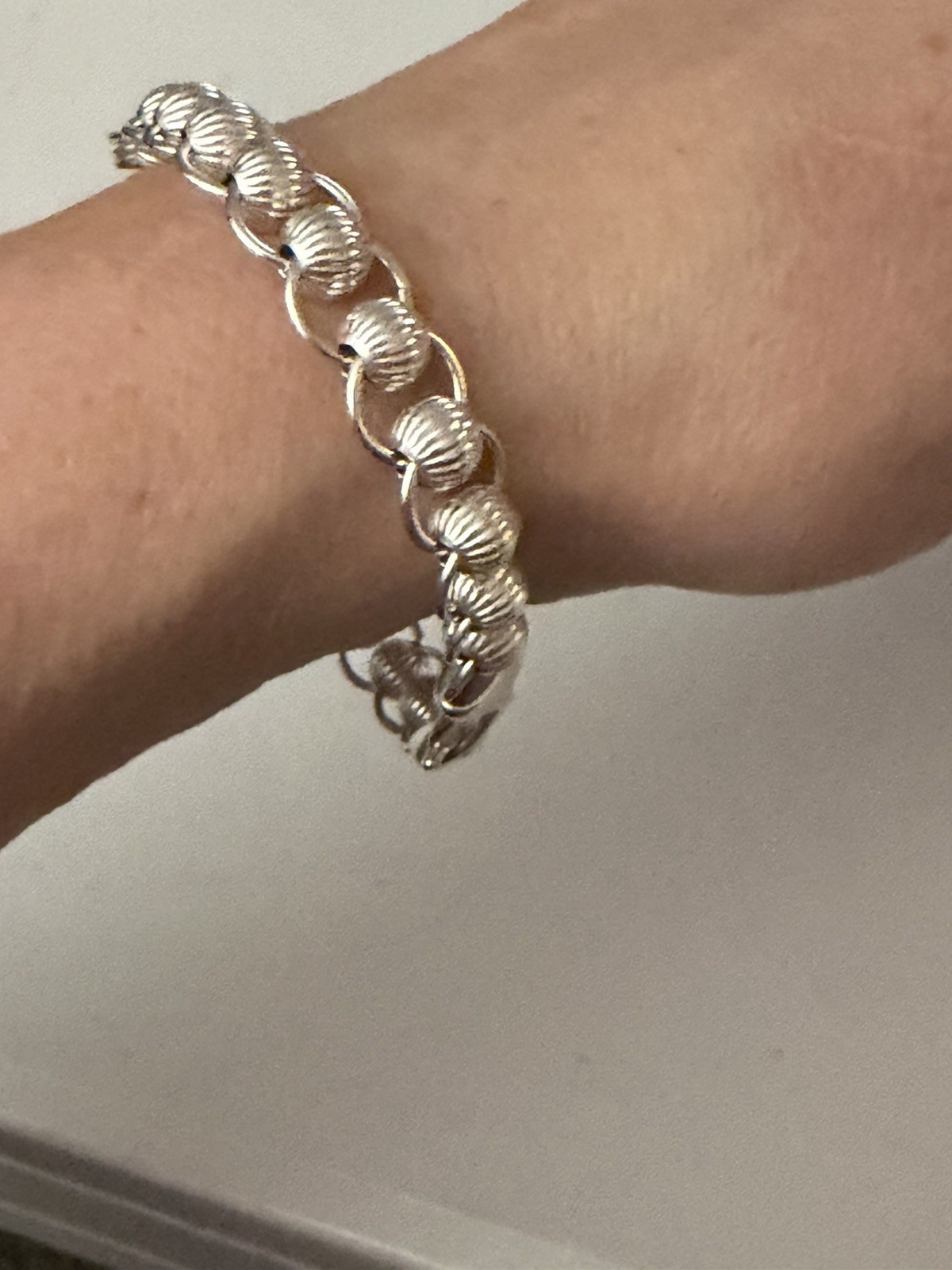Sterling Silver 925 Ridged Ball Bead Link Bracelet 6.5 Inches Lobster Claw