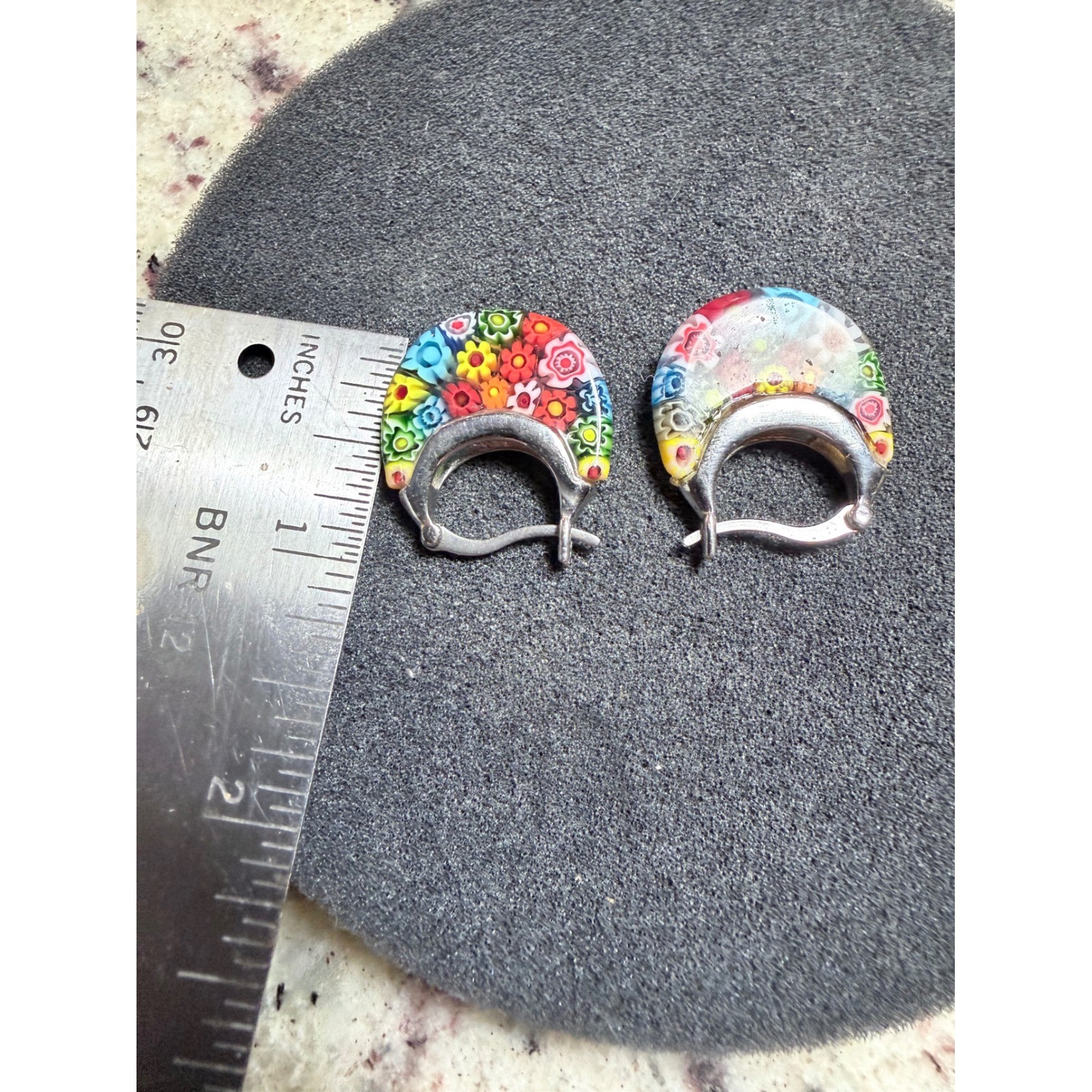 Murano Glass Millefiori Hoop Earrings Colorful Floral Mosaic Silver Tone Boxed