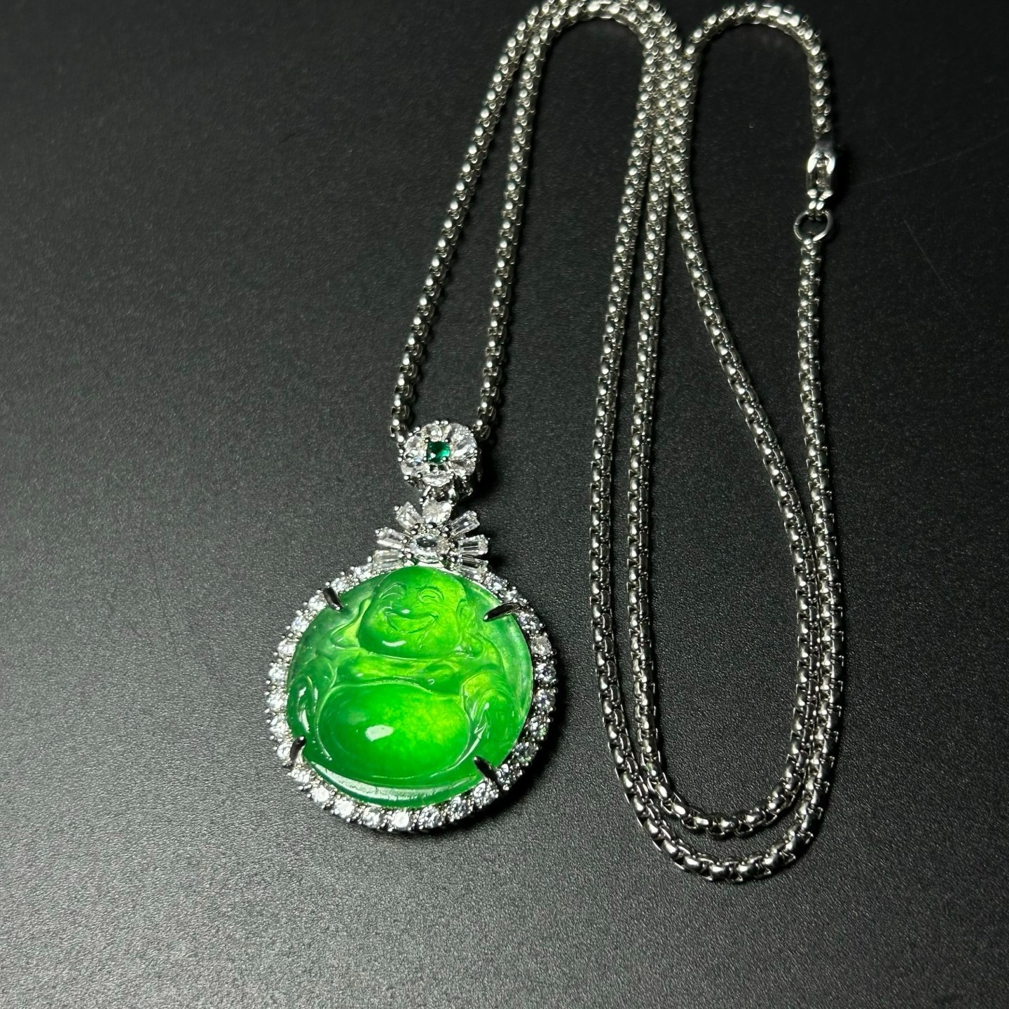 Inlay Nature ice green Burmese Jade Jadeite Carved Buddha luck Pendant&Necklaces