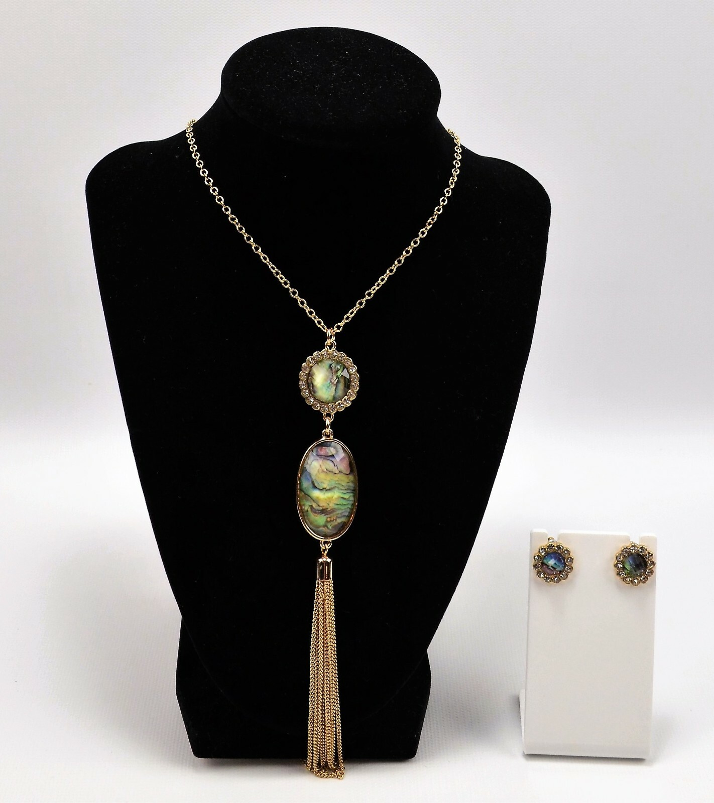 NTW Necklace & Earrings Abalone Shell Metal Gold Tone Clear Rhinestones