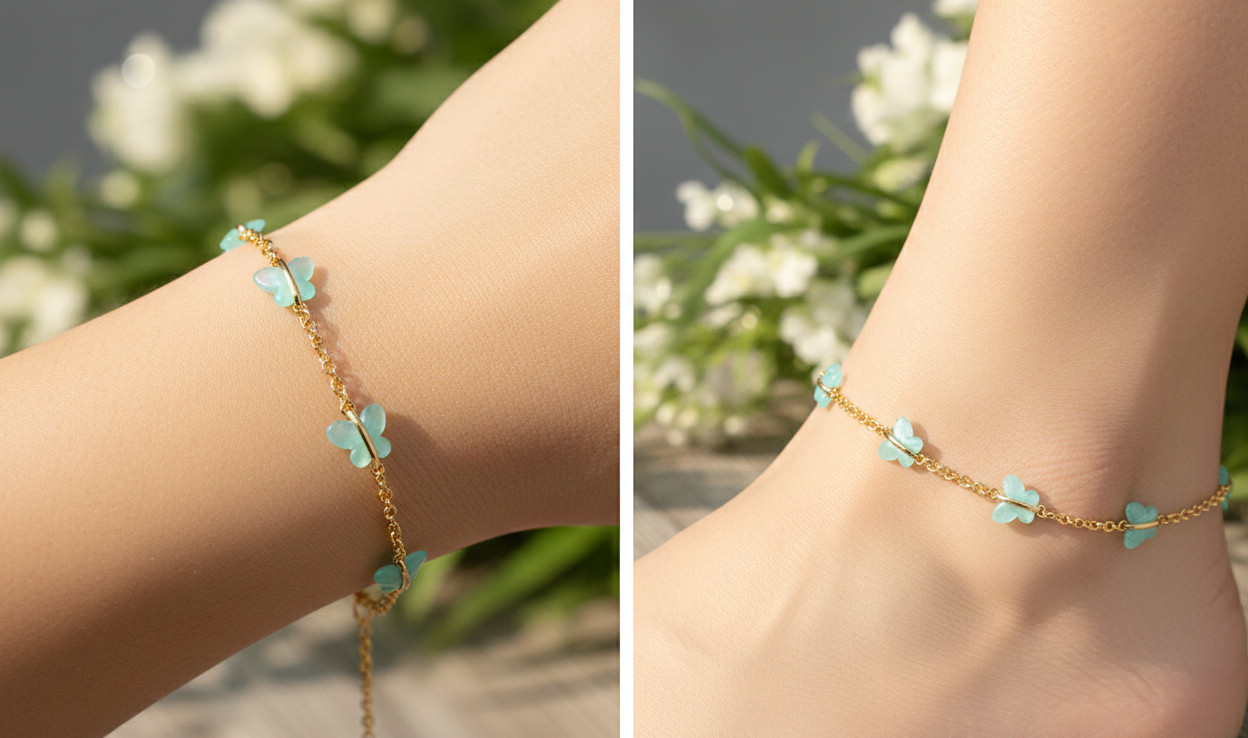 Handmade 18K Gold Sea Green Butterfly Anklet – Dainty Minimalist Foot Chain
