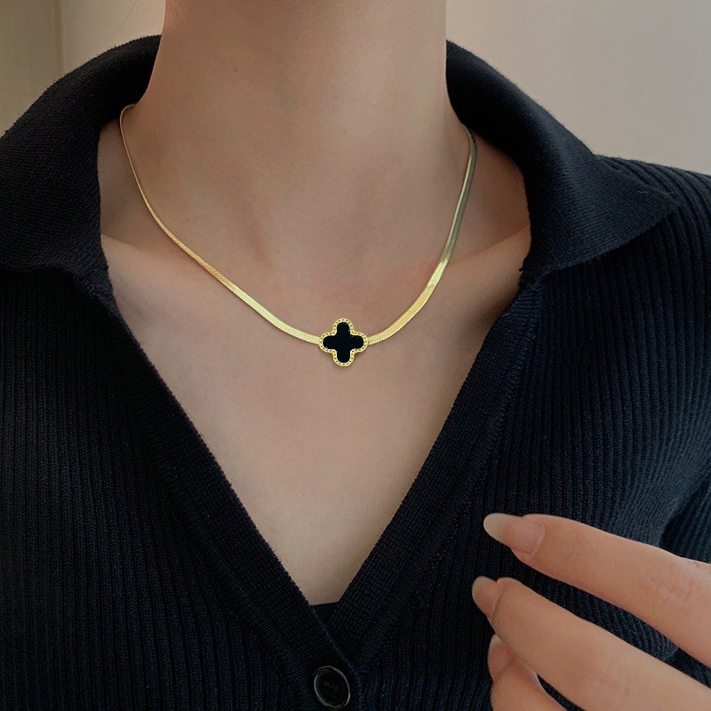 Gold Tone Black Clover Pendant Necklace & Bracelet Jewelry Set