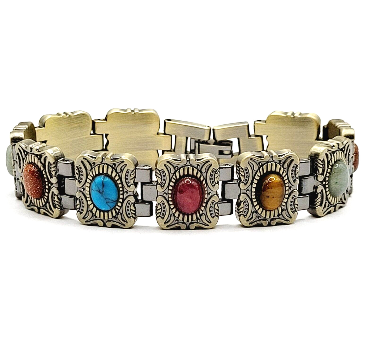 Ornate Western Style Multi Color Faux Gemstone Muted Gold Silver Tone Bracelet