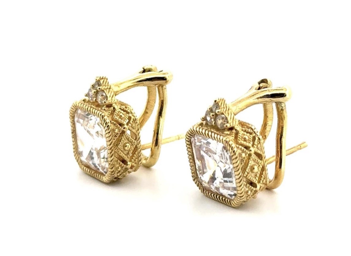 Judith Ripka Gold Vermeil 925 Sterling Silver Square CZ Omega Back Earrings 6.5g