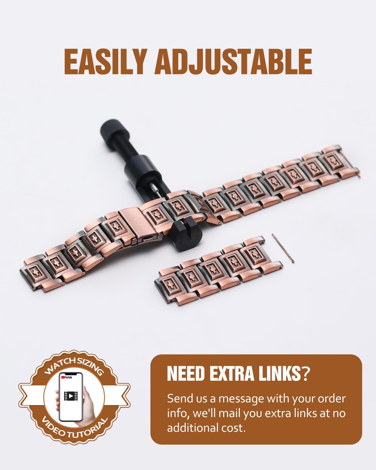 99% Pure Copper Magnetic Bracelet Arthritis Relief Adjustable w/ Tool & Box
