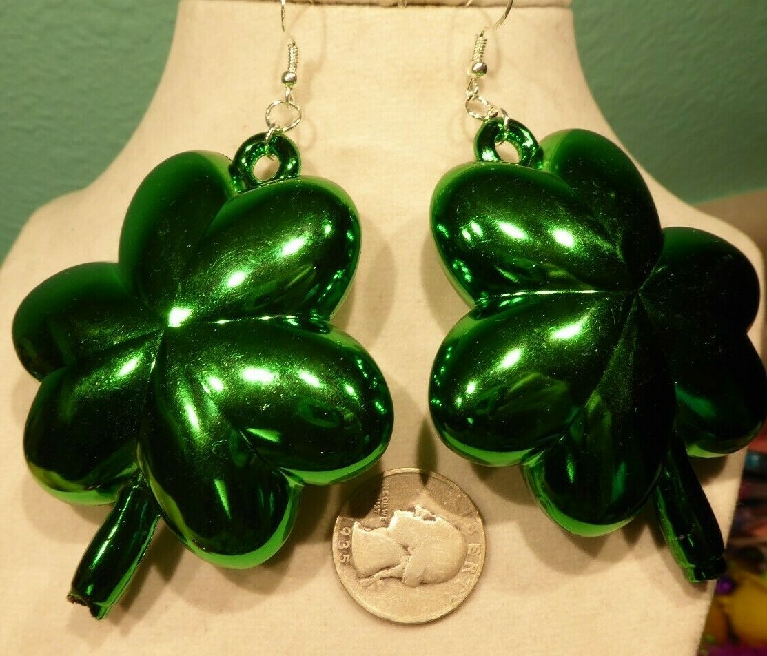BIG ST.PATRICK’S IRISH 925 Hook EARRINGS SHAMROCK SHAPED Handcrafted USA Nora’s