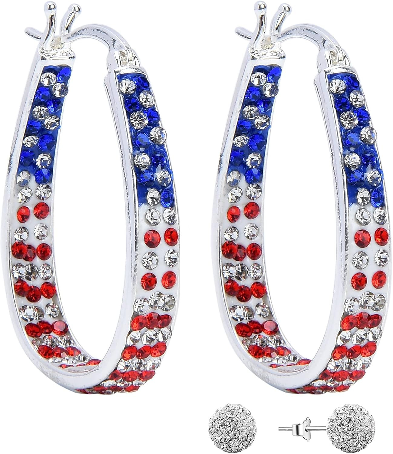 Crystal Hoop Earrings for Women Sparkly American Flag Earrings Silver Plated Red
