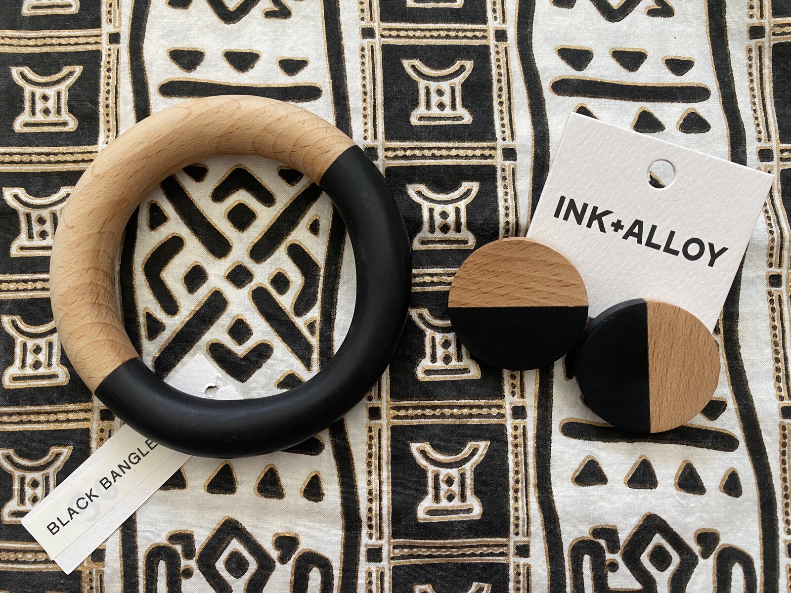 INK + ALLOY ￼ Earrings And Bangle Bracelet Set Wood And Black New With Tags