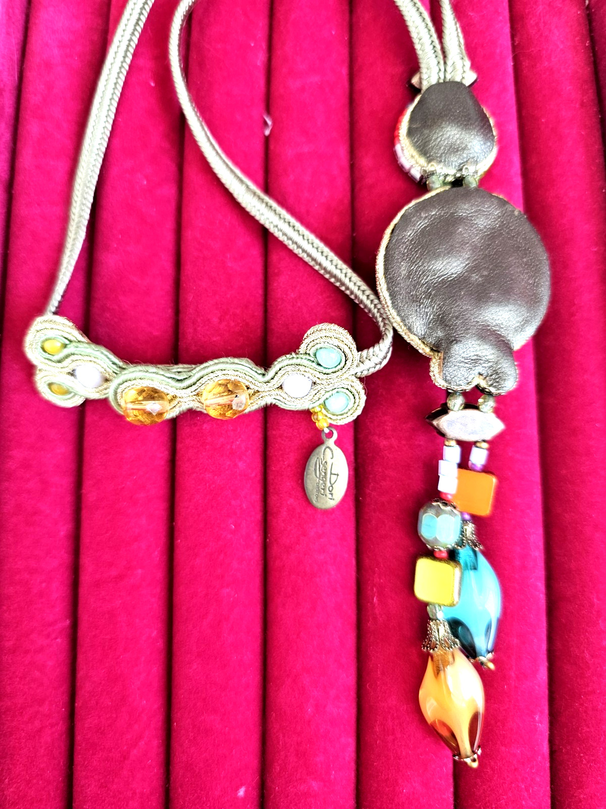 Signed DORI CSENGERI Necklace Multi-color Glass Beads Leather Designer Artisan