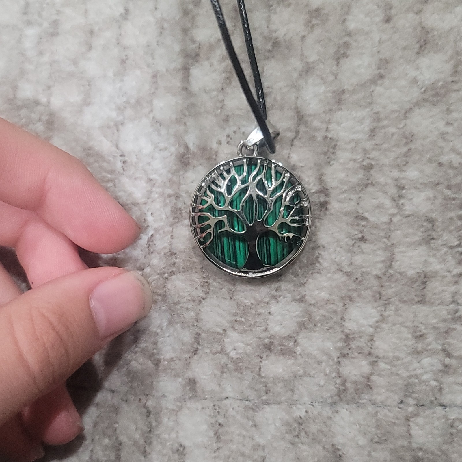 Tree of Life Round Pendant Necklace, Green Silver Tone Metal Cord, Adjustable