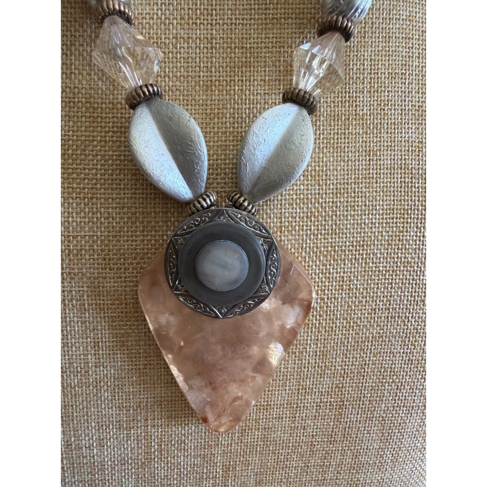 Mixed Media Chunky Statement Necklace Silver Tone Resin Pendant Boho Artsy