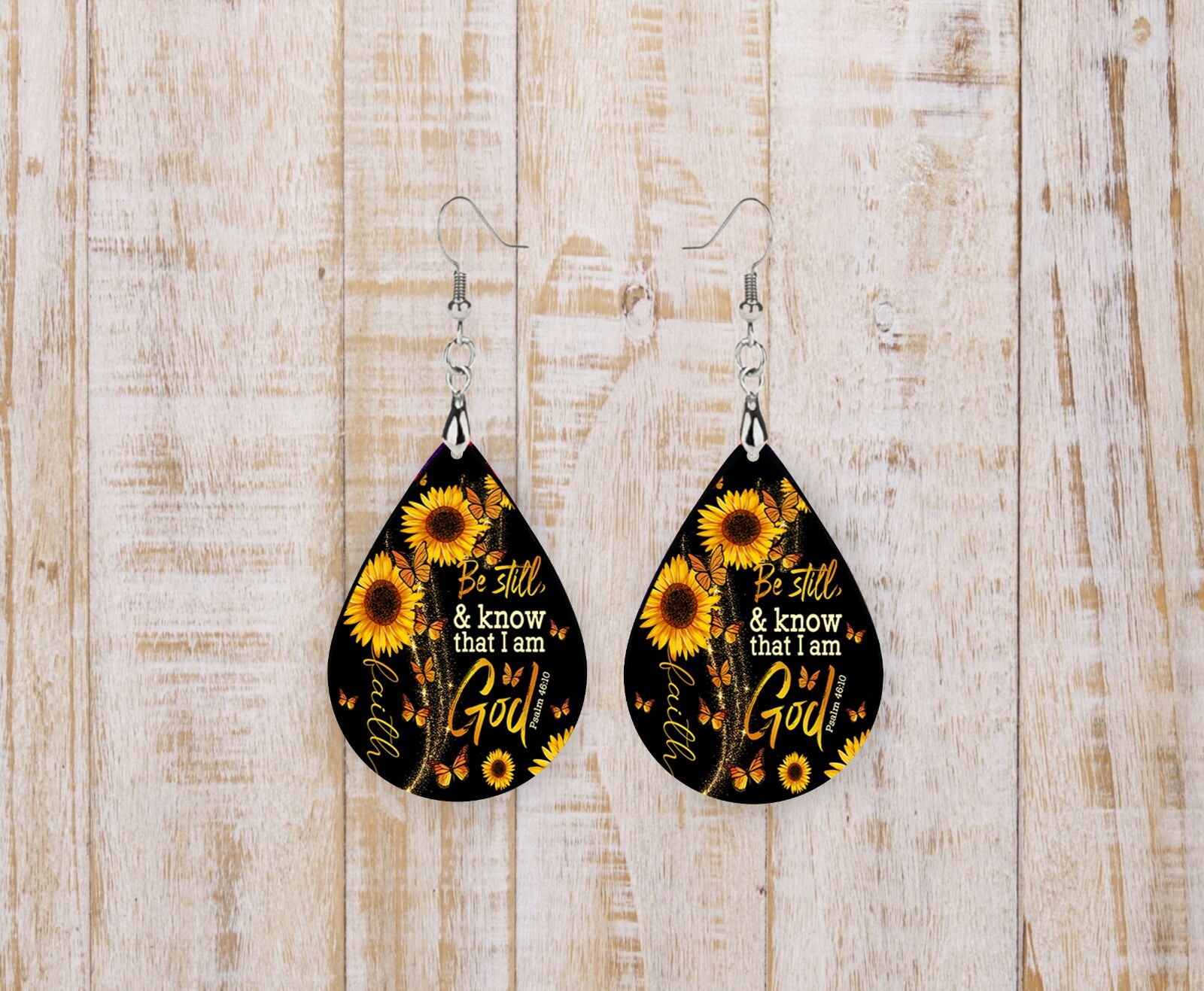Be Still and Know that I am God Sunflowers Wood Tear Drop Earrings