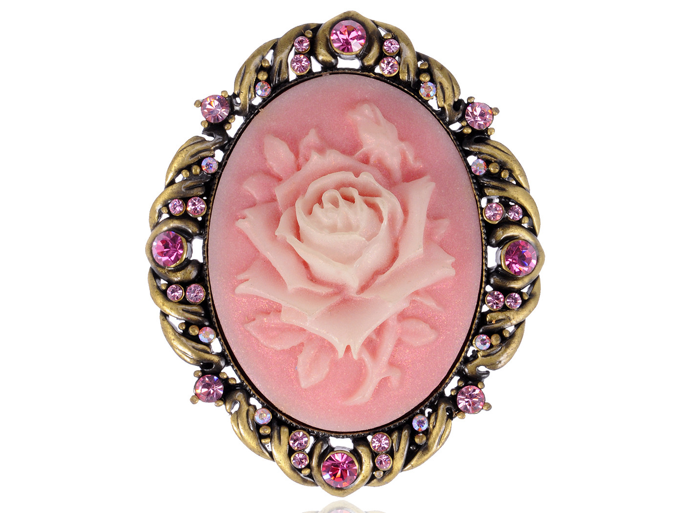Antique Gold Tone Pink Colored Rhinestones Vintage Rose Cameo Brooch Pin
