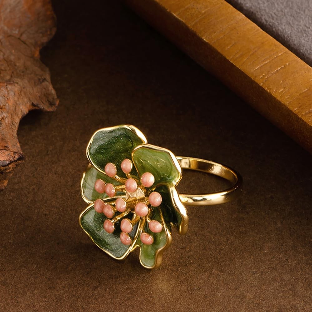 Vintage Camellia Flower Statement Ring for Shiny Green Enamel Floral Ring Eng…