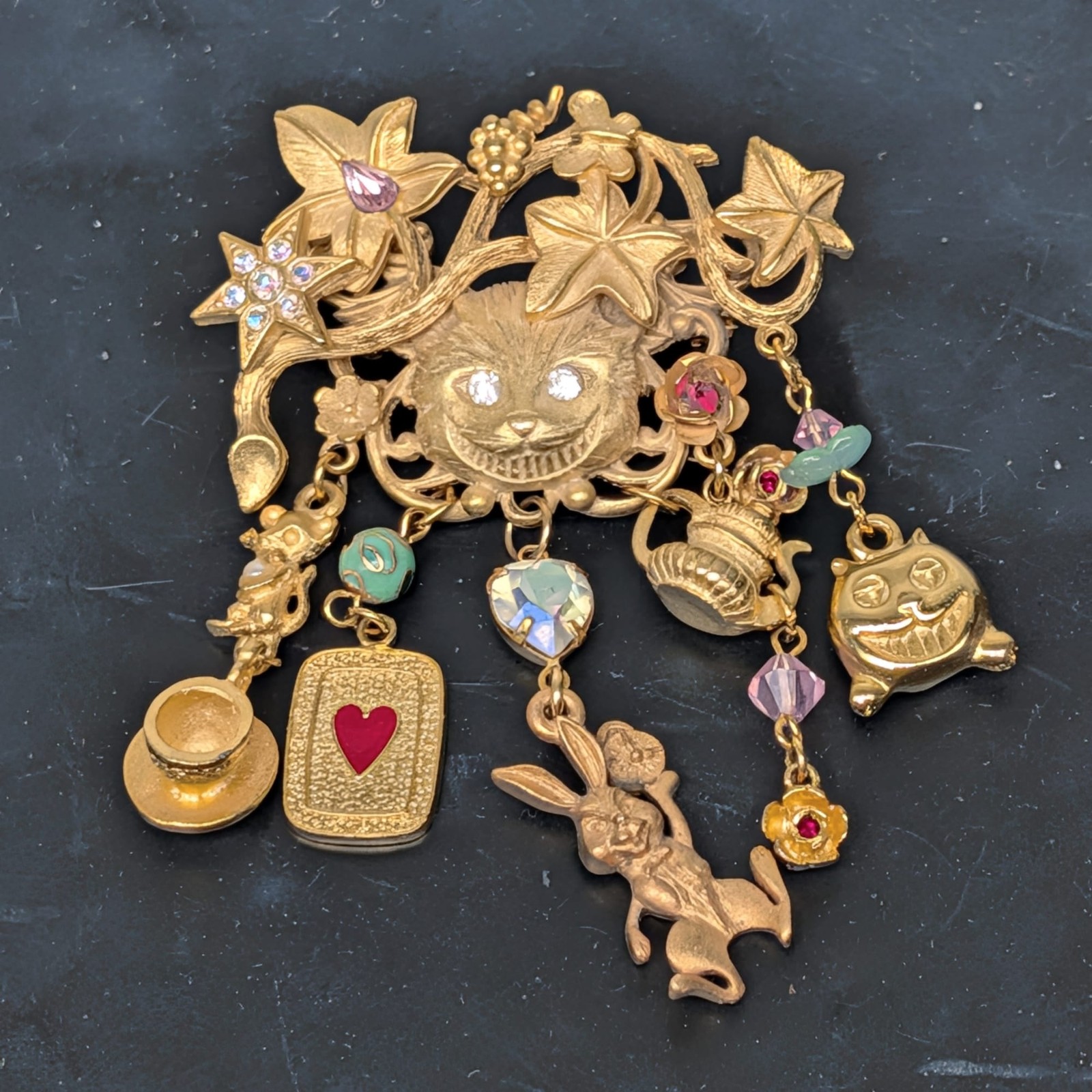 Kirks Folly Alice In Wonderland Cheshire Cat Gold Brooch Pin 6 Charms â­