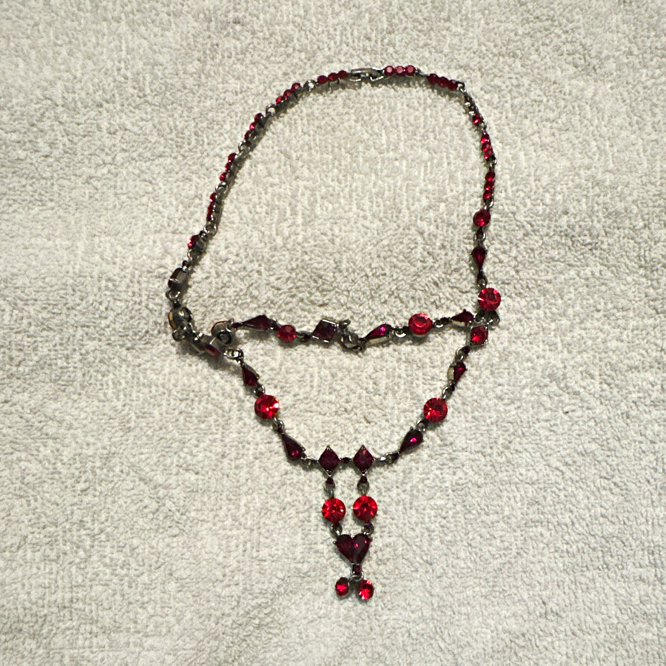 Red Crystal Beaded Y-Drop Tassel Necklace, Silver Plated Cable Chain Lobster