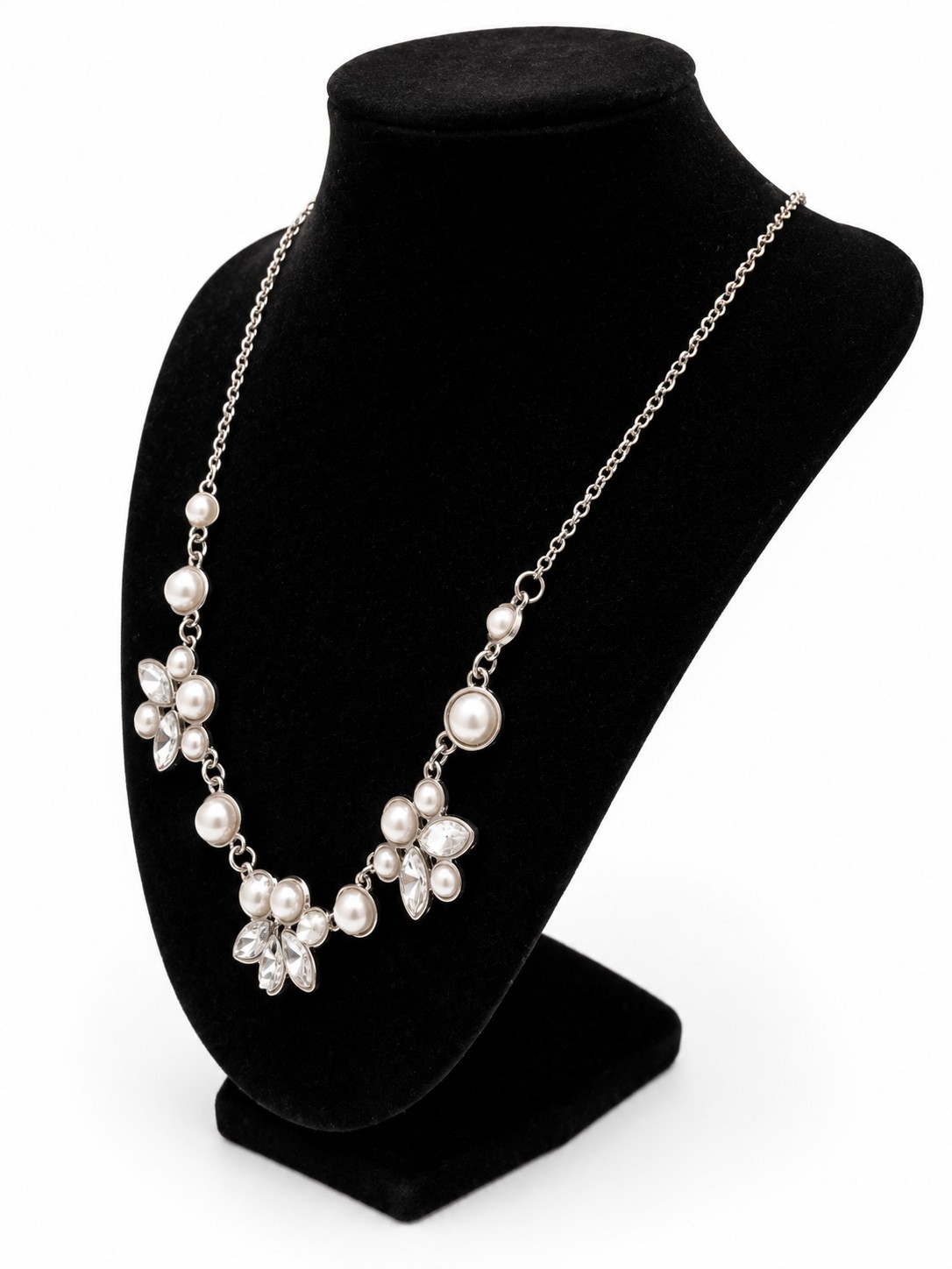 Silver Tone Faux Pearl & Clear Crystal Flower Charm Cluster Necklace Adjustable