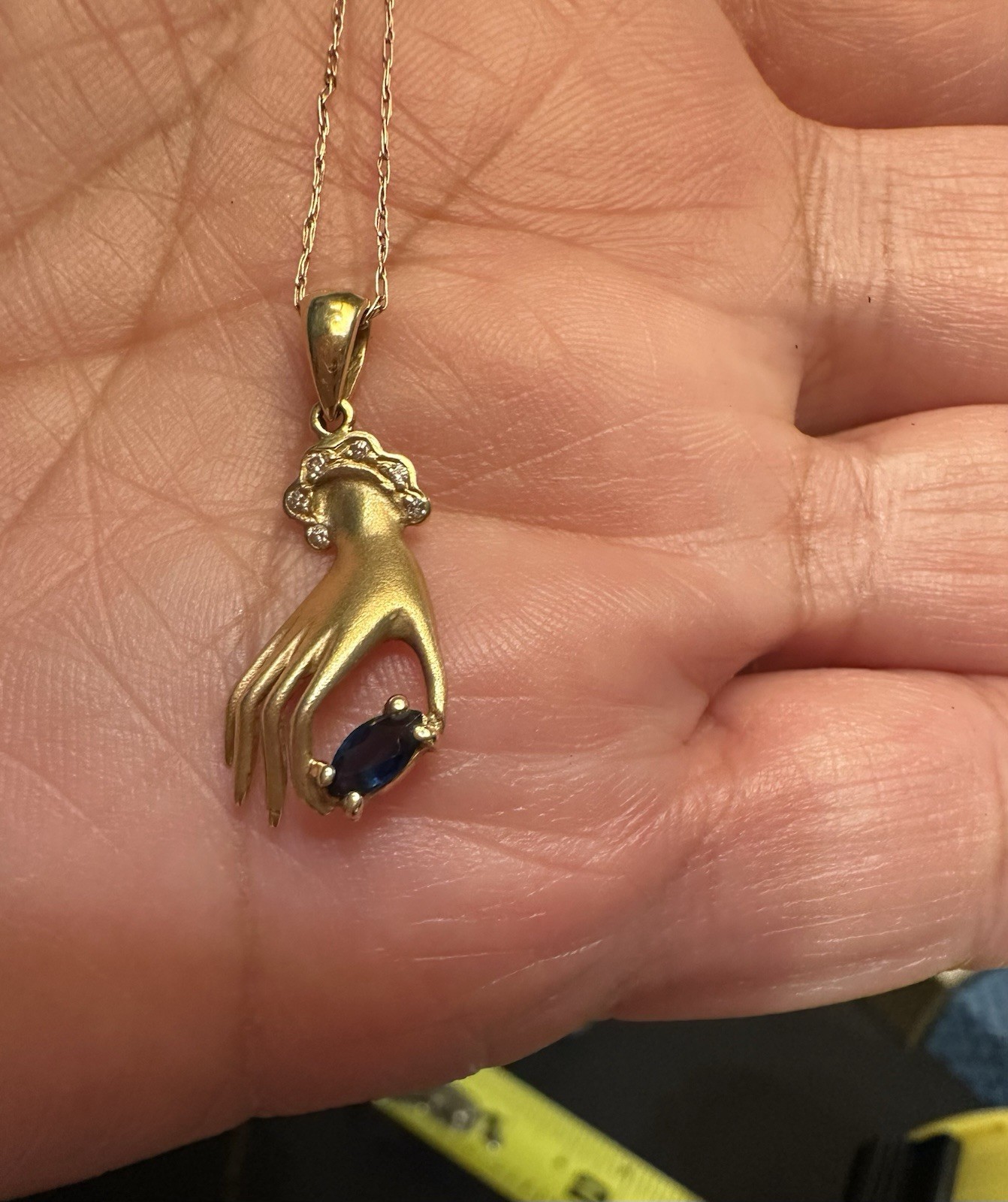 Vintage 18k Gold Hand Charm Pendant Necklace Marquise cut Sapphire and Diamonds