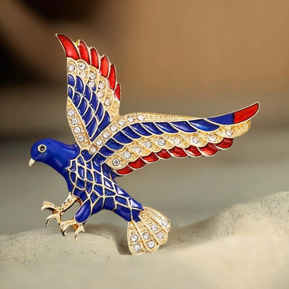 Rhinestone Eagle Bird USA Patriotic Brooch Pin Gold-Toned Crystal Blue Red