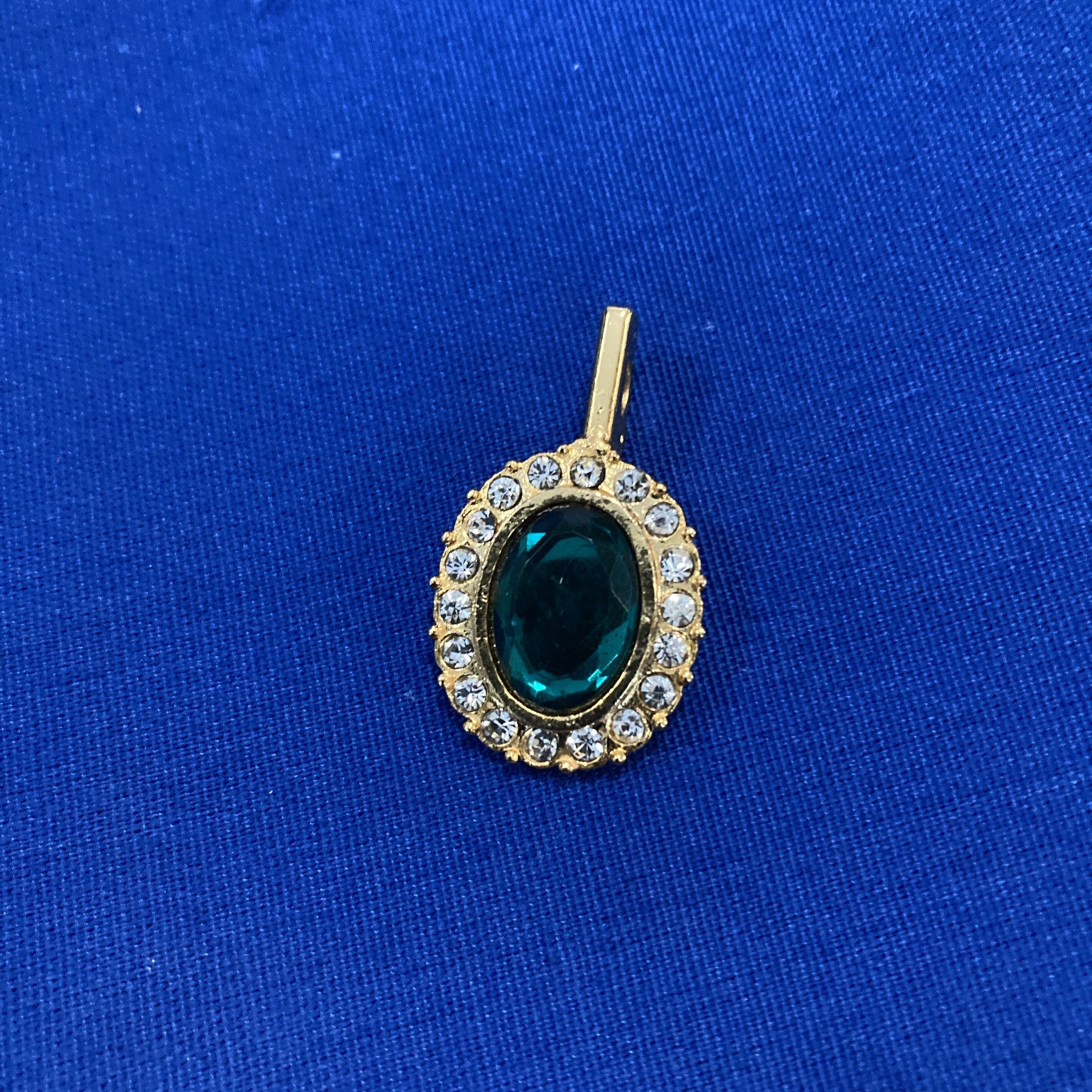 Pendant Gold Tone Faux Emerald Rhinestone 1.25 x .75″ Irish