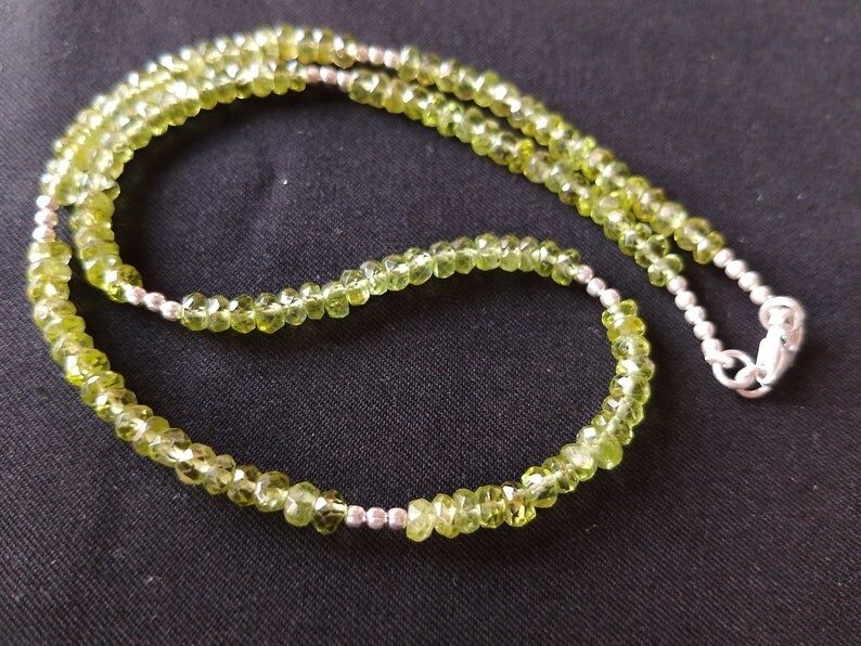 A++ Natural Peridot Faceted Rondelle Gemstone Silver Filled Beads Necklaces 24”