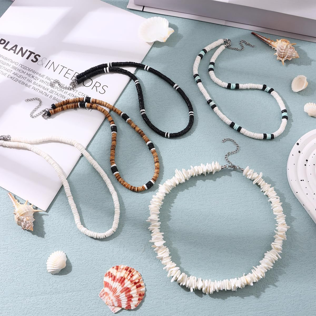 5Pcs Puka Shell Necklace – Summer Beach Surfer & Hawaiian Necklace for Men & Wom