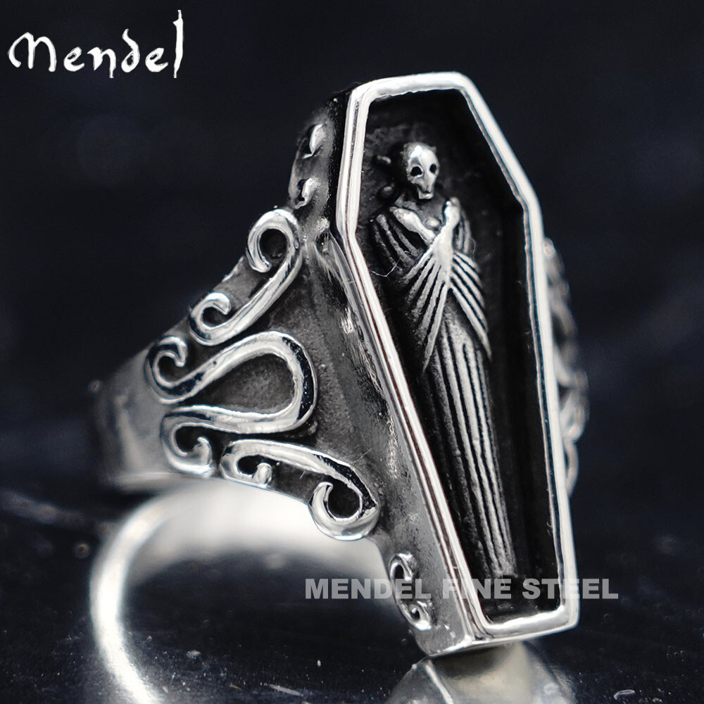 MENDEL Gothic Mens Stainless Steel Coffin Shaped Punk Biker Skull Ring Size 7-15