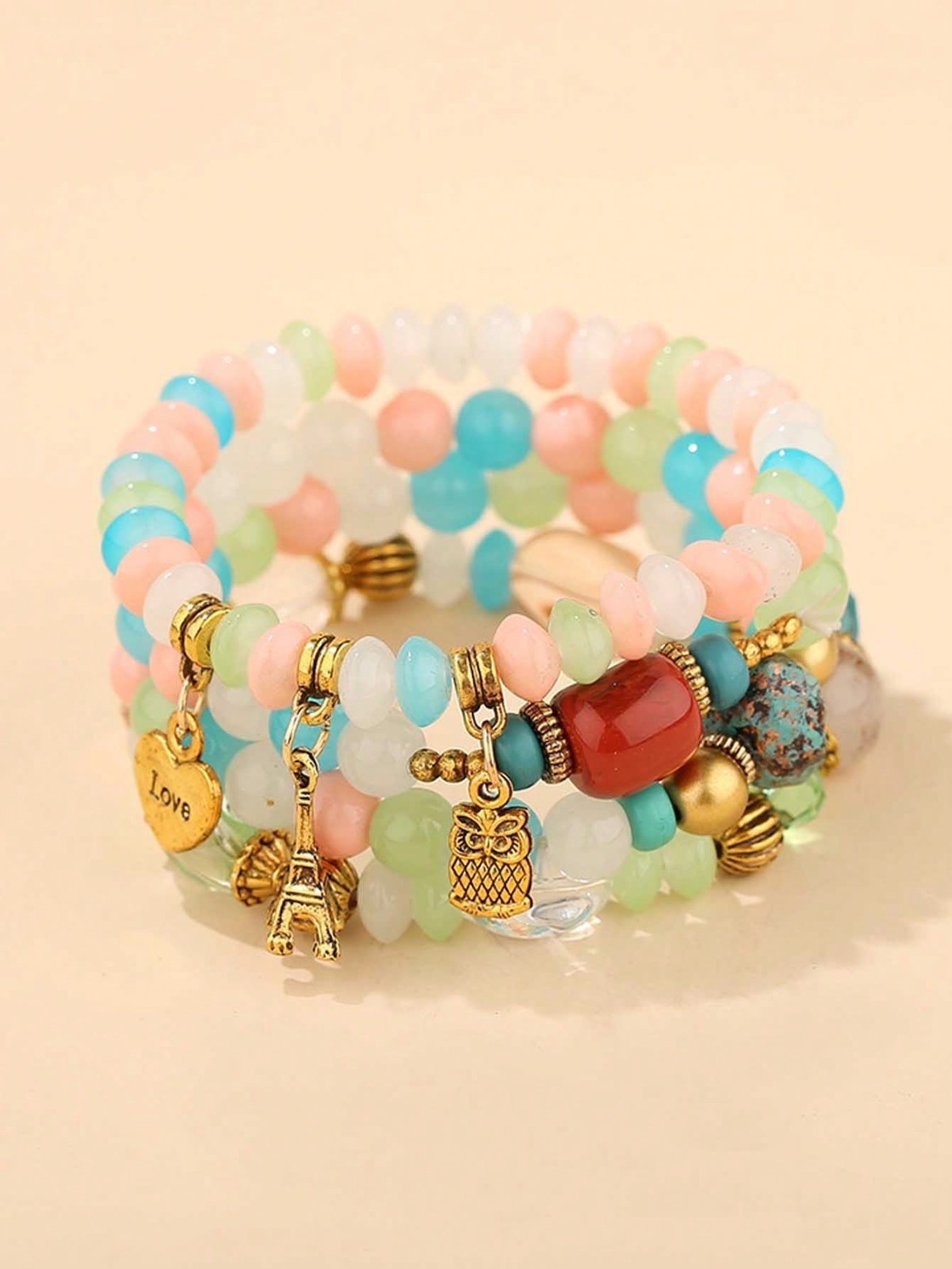 4PCS Boho Beaded Layered Bracelets Heart Owl Ladies Girls Women’s Jewelry Gift