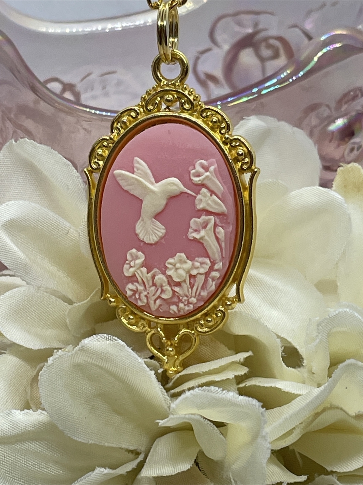 PINK Hummingbird Necklace Heart Cameo Mom Daughter Gold wedding JEWELRY Easter