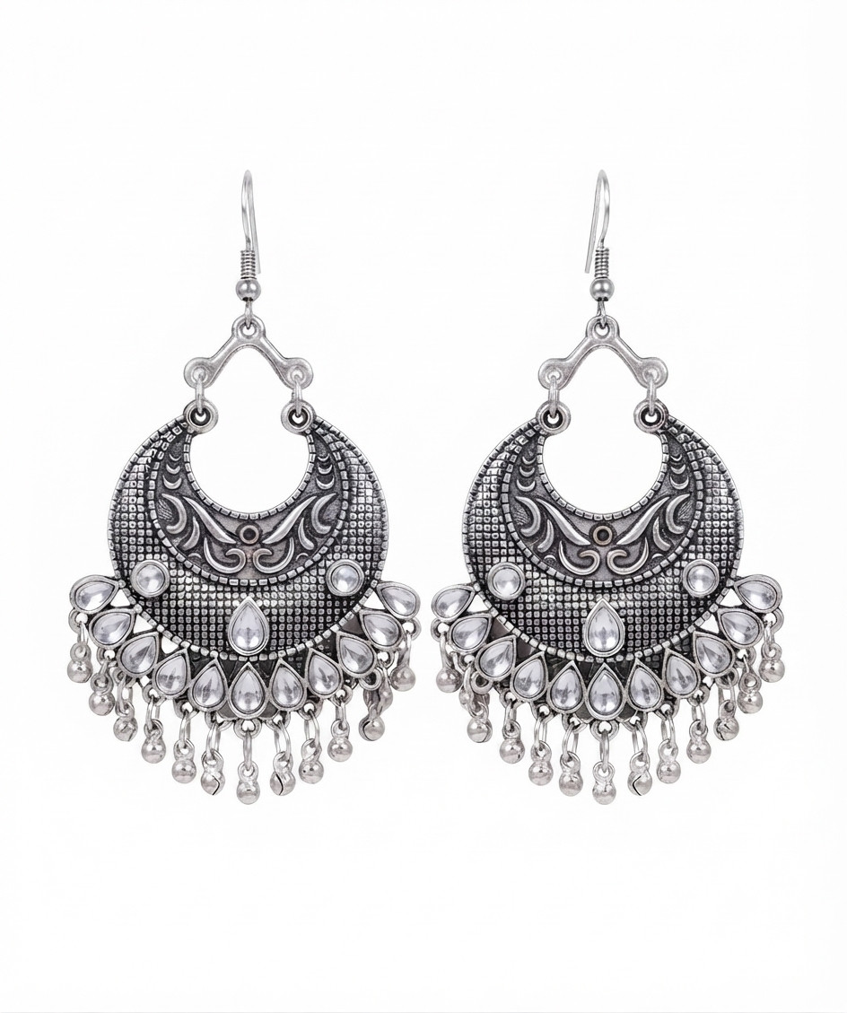 Ethnic Silver Toned Water Drop Dangler/ Chandbali Indian Earring For Women