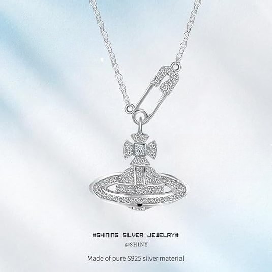 925 Silver Saturn Pendant Necklace (Pin & Zircon, 39+4cm, Gift for Her)