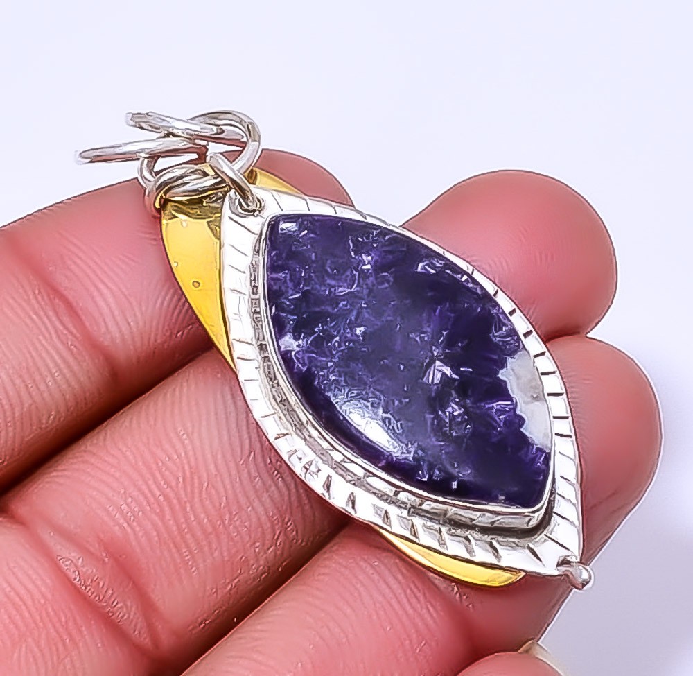 Purple Lepidolite – San Diego 925 Sterling Silver Two Tone Pendant 2.34″ A366