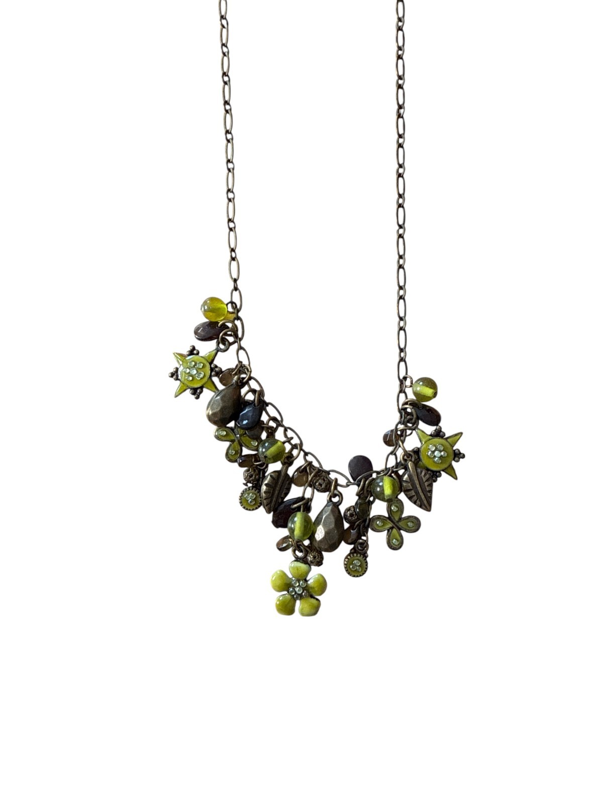 Leila Rowe Green Flroal Charm Necklace Antique Bronze Tone Cluster Statement