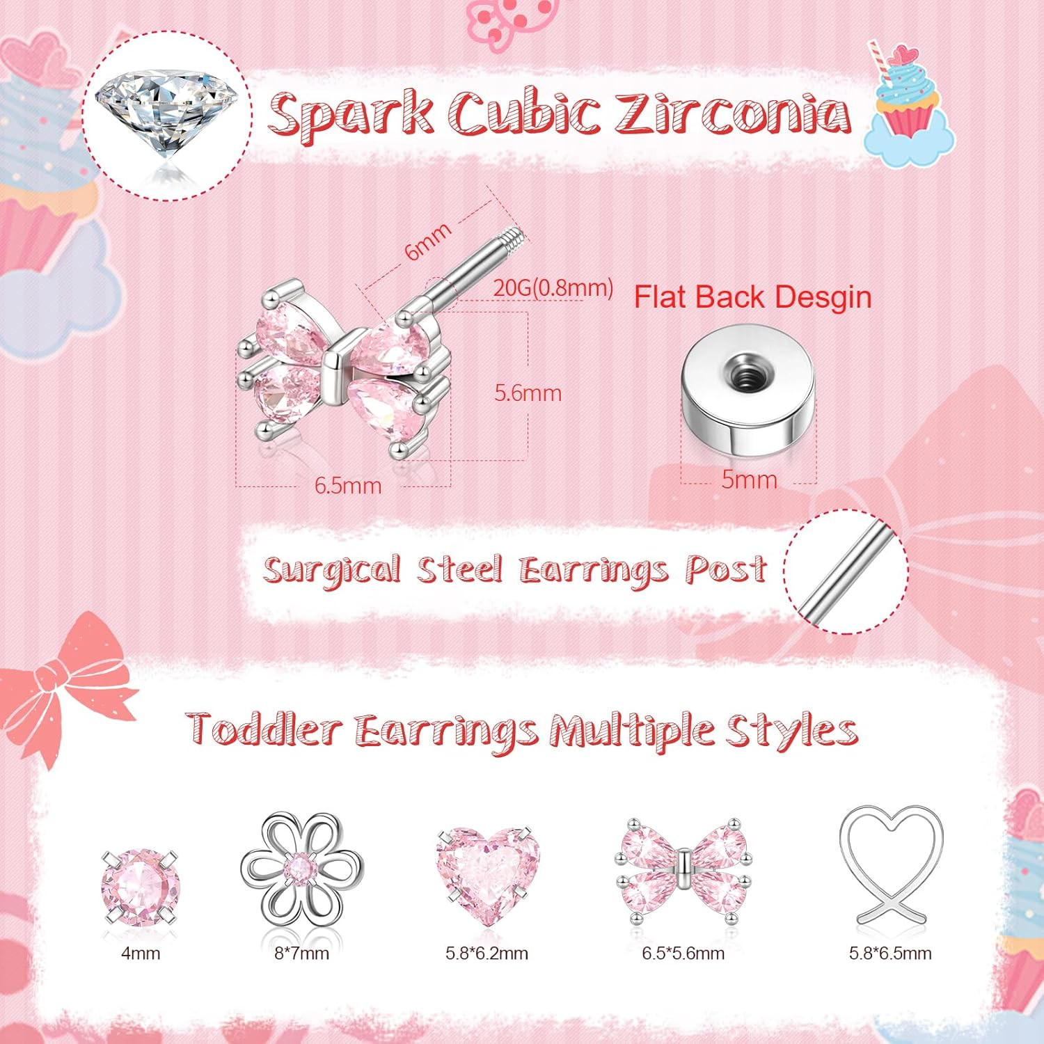 Hypoallergenic Screw Back Earrings Girls Kids Surgical Steel CZ Studs