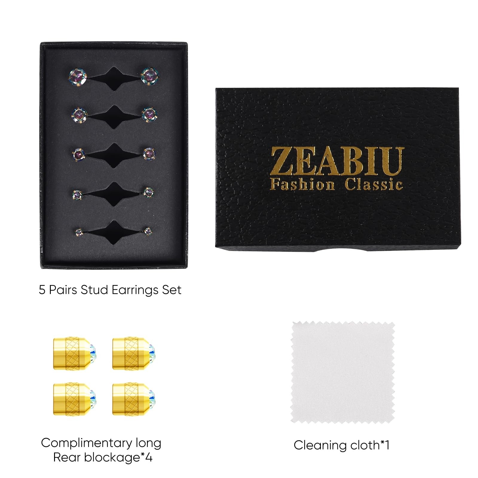 5 Pairs Flat Back Stud Earrings for (3mm~7mm)x1, 03-Color Gem(Gold Color)
