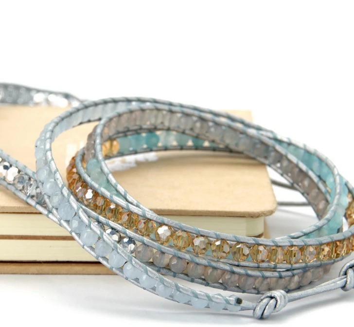 Aqua Blue Multi Strand Single Wrap Leather Bracelet 32.5 inches and 3 closures